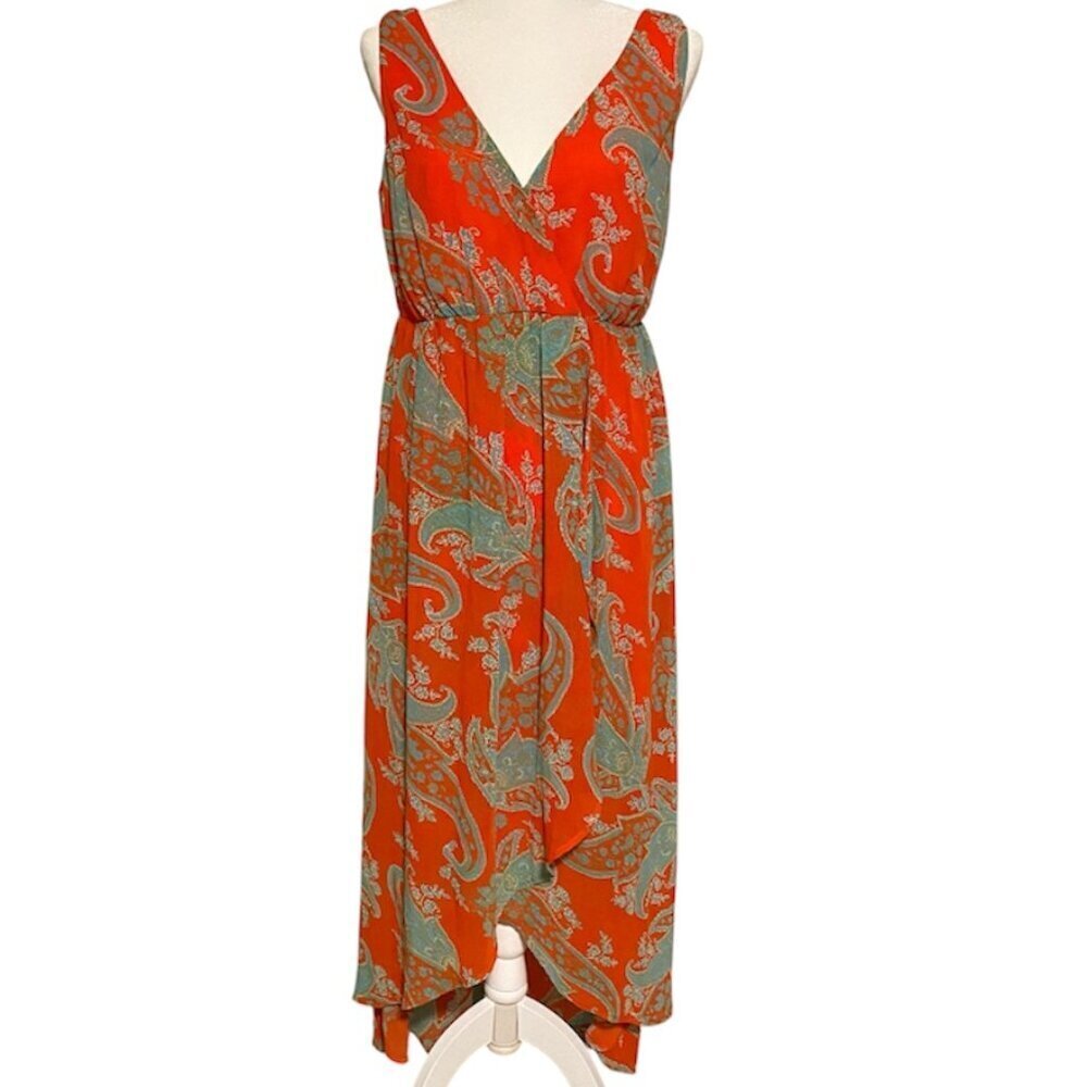 Kut From the Cloth Orange Paisley Sleeveless V Neck Maxi Dress‎ Summer Boho Med